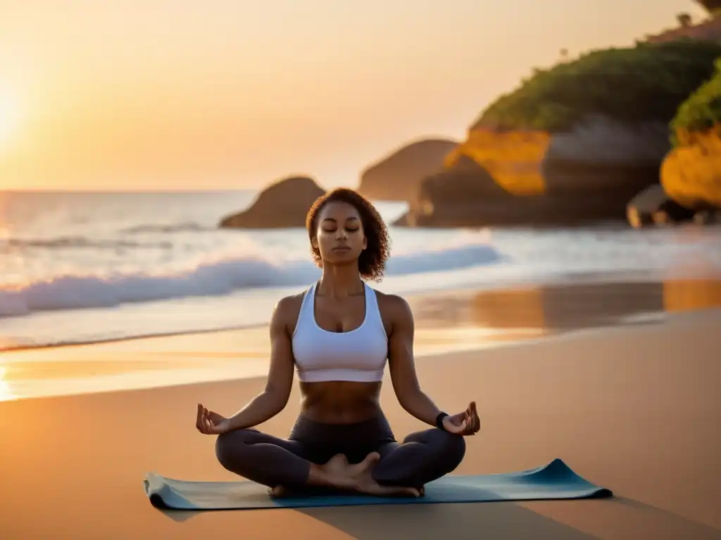 Persona practicando yoga en la playa al amanecer, con el mar de fondo