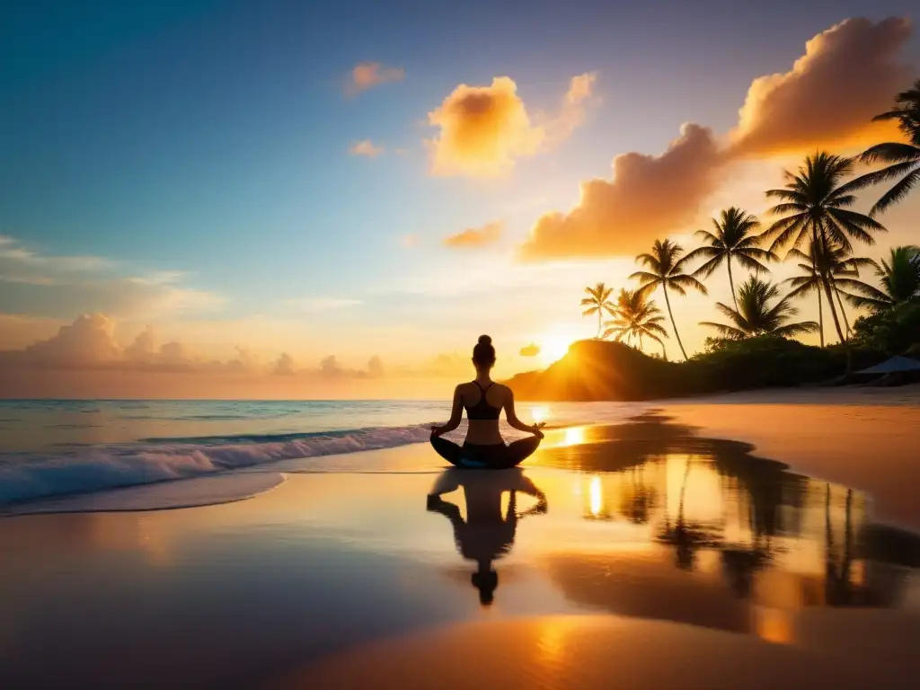 Persona practicando yoga en una playa tropical al atardecer, aclimatándose en destinos tropicales, respirando tranquilidad y calma