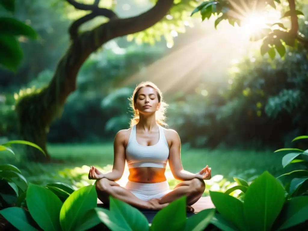 Persona practicando yoga relajada en medio de exuberante vegetación, expresión serena