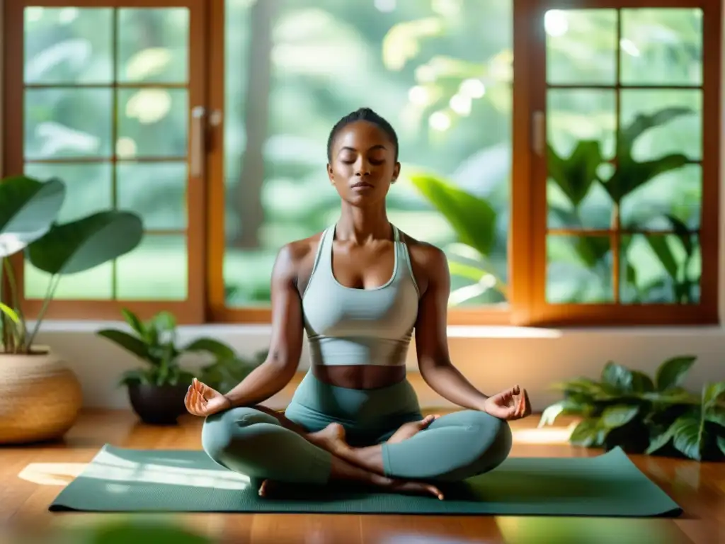 Persona meditando en yoga, rodeada de vegetación, iluminada por luz natural