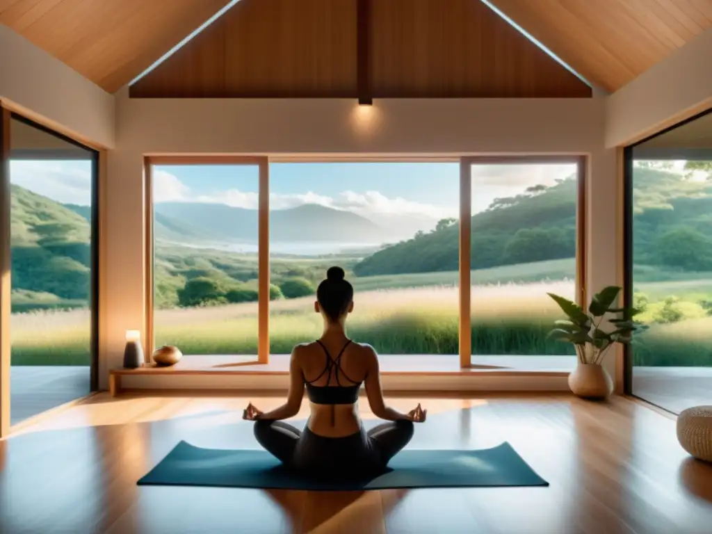 Persona practicando yoga en sala moderna con vista a la naturaleza, creando un vínculo entre respiración y ansiedad