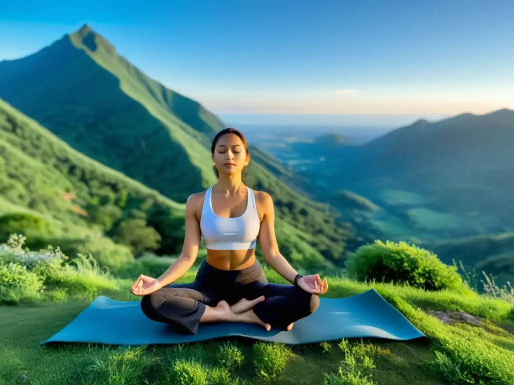 Persona practicando yoga en la montaña, transmitiendo tranquilidad y beneficiosa respiración