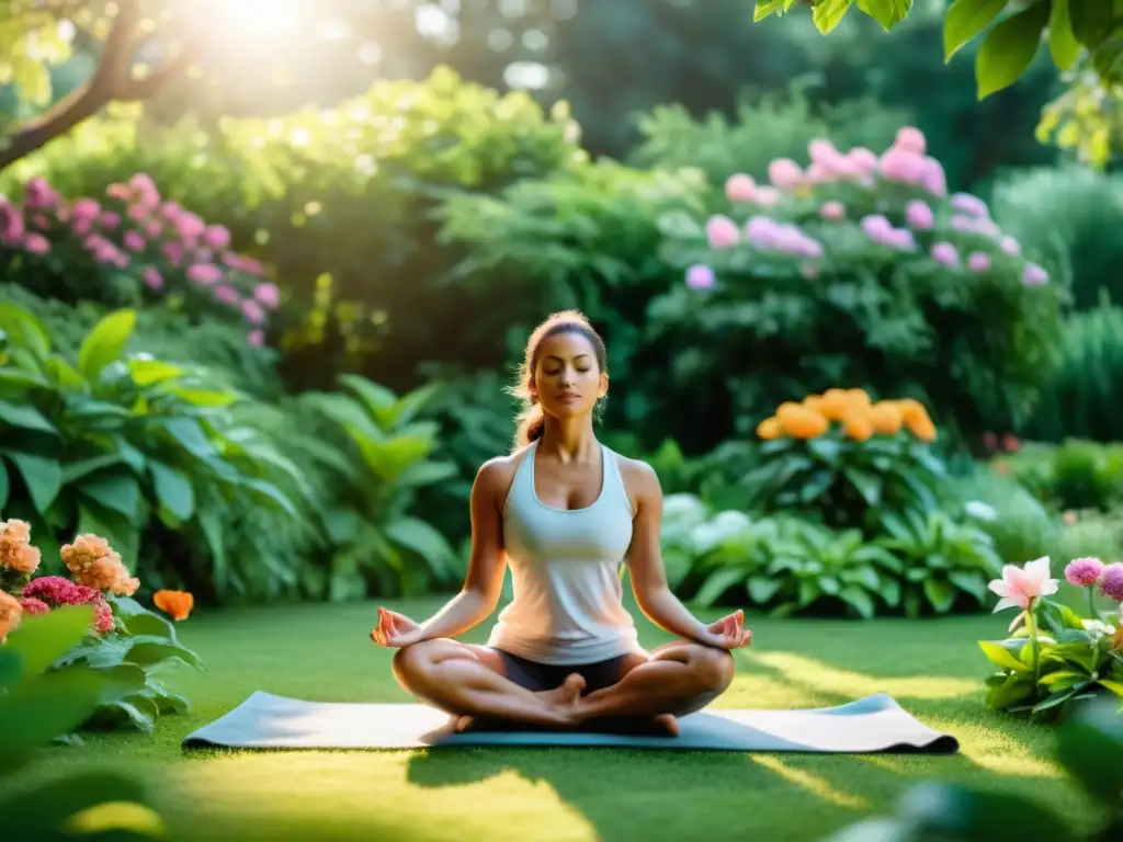 Persona practicando yoga en un jardín tranquilo rodeado de vegetación exuberante y flores coloridas, promoviendo bienestar para sinusitis crónica