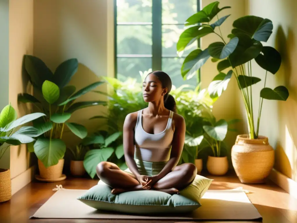 Persona meditando entre la vegetación, respirando profundamente