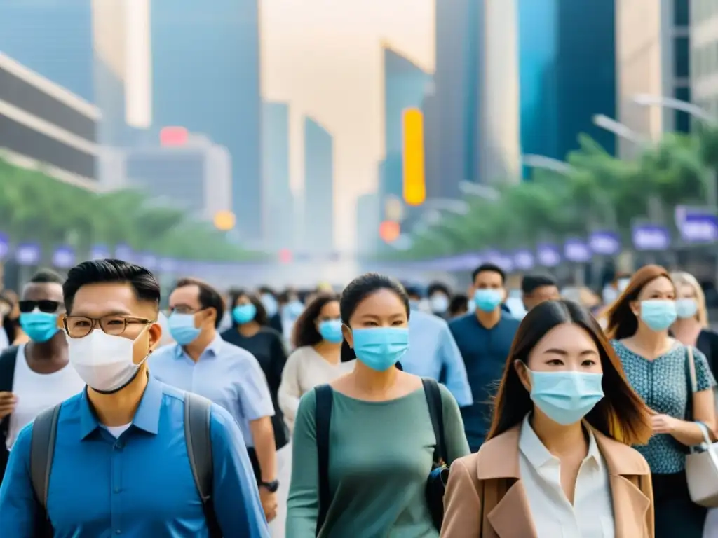 Personas en una bulliciosa calle urbana usando mascarillas para polución urbana, con variedad de estilos y tecnologías, frente a rascacielos y tráfico