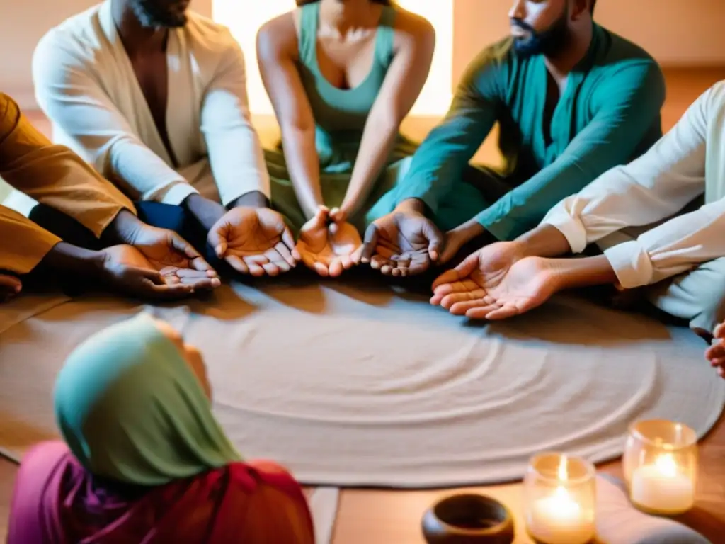 Personas de diversas culturas practican ejercicios de respiración sufí en círculo, con luz suave y ambiente espiritual de conexión divina