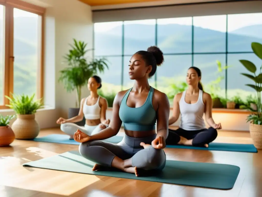 Personas diversas practican meditación en un espacio sereno con luz natural