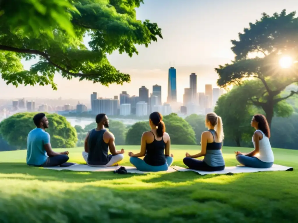 Personas practicando ejercicios de respiración en un parque verde, contrastando con la polución diaria de la ciudad