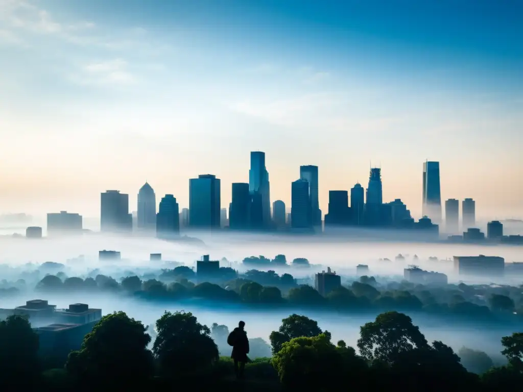 Personas usando máscaras de protección en una ciudad envuelta en smog, mostrando el riesgo de patologías respiratorias por polución