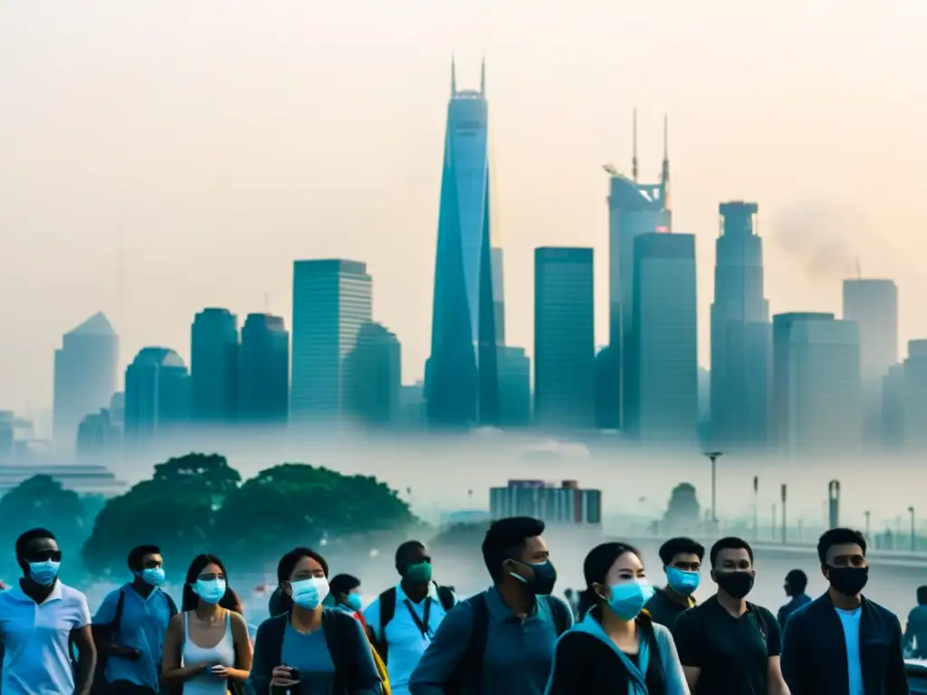 Personas con mascarillas de diseño futurista protegiéndose de la polución urbana en una ciudad llena de smog