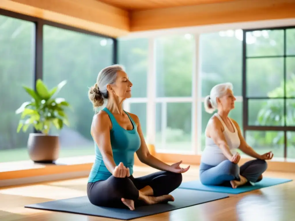 Personas mayores practican ejercicios de respiración en un estudio de yoga iluminado, con jardín sereno al fondo