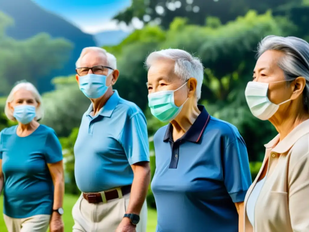 Personas mayores con mascarillas disfrutan actividades al aire libre, transmitiendo resiliencia frente a la contaminación ambiental