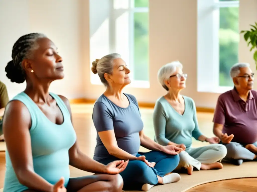 Personas mayores practican técnicas de respiración consciente en un ambiente tranquilo, mejorando su calidad de vida