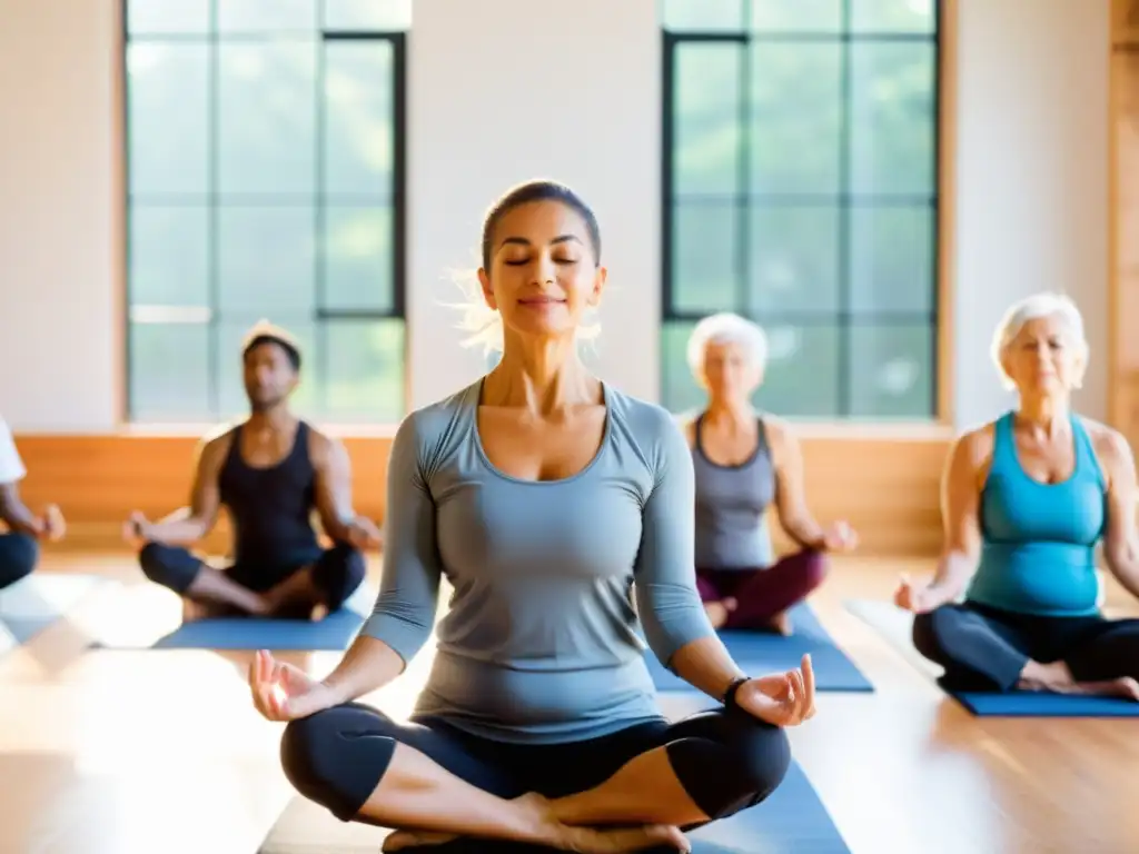 Personas mayores practican yoga respiratorio en un estudio luminoso con ventanales, guiados por un instructor compasivo