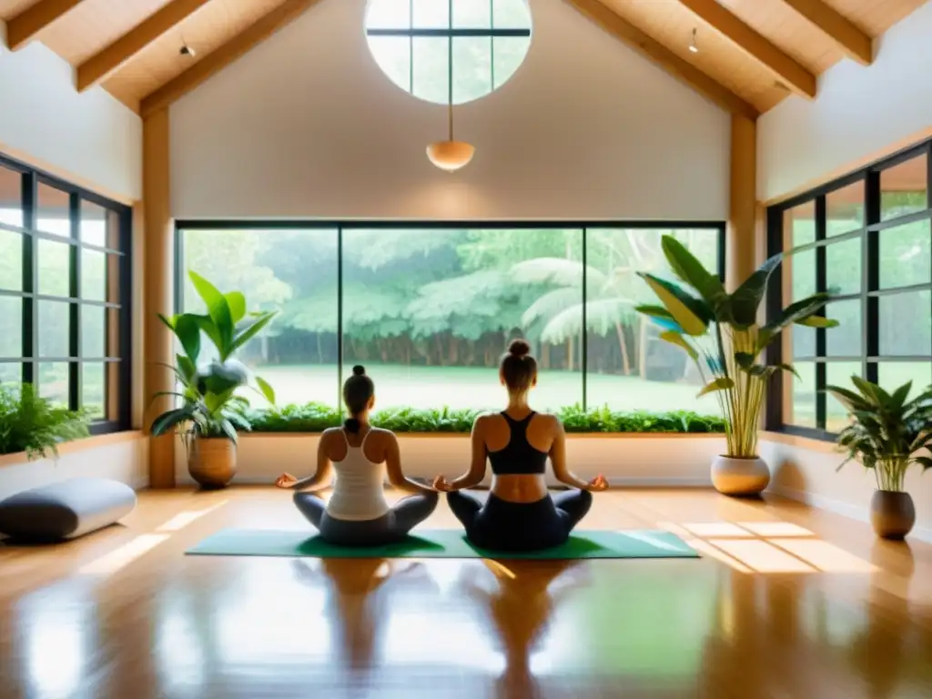 Personas en poses de yoga en un estudio sereno, iluminado por luz natural