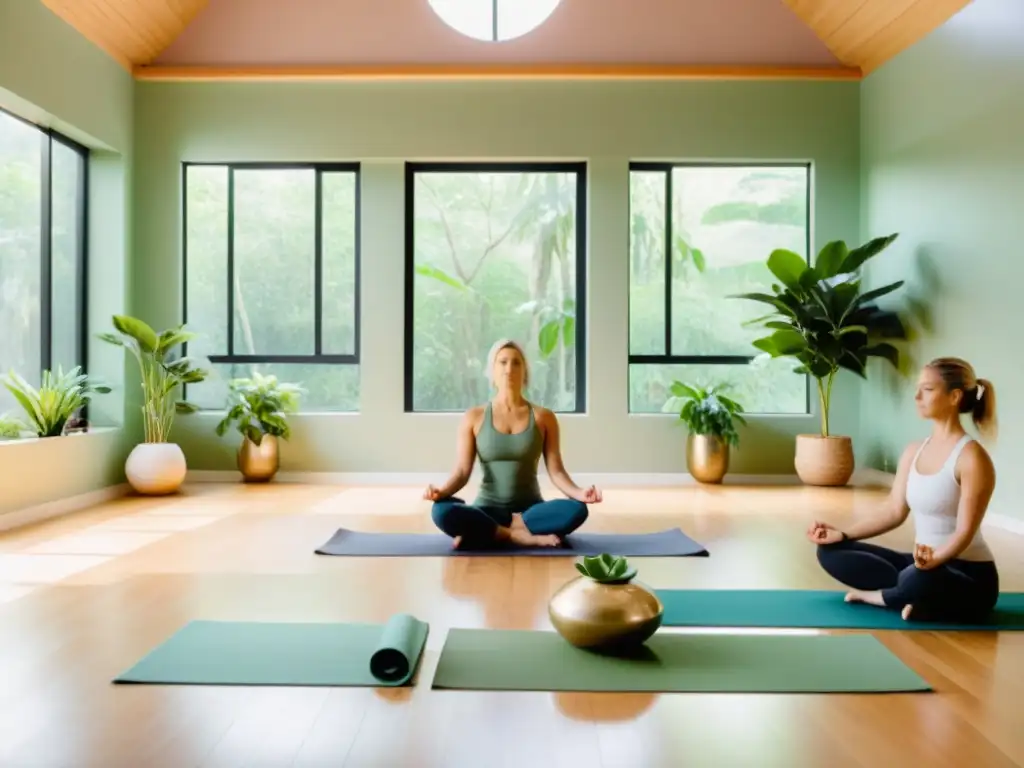 Personas practicando Pranayama en un estudio de yoga, con luz natural y ambiente sereno