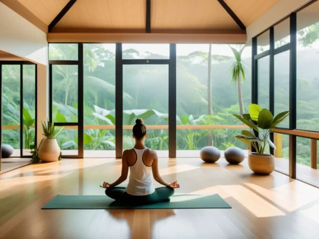 Personas practicando pranayama en un estudio de yoga en la selva de Tailandia, con una atmósfera serena y relajada