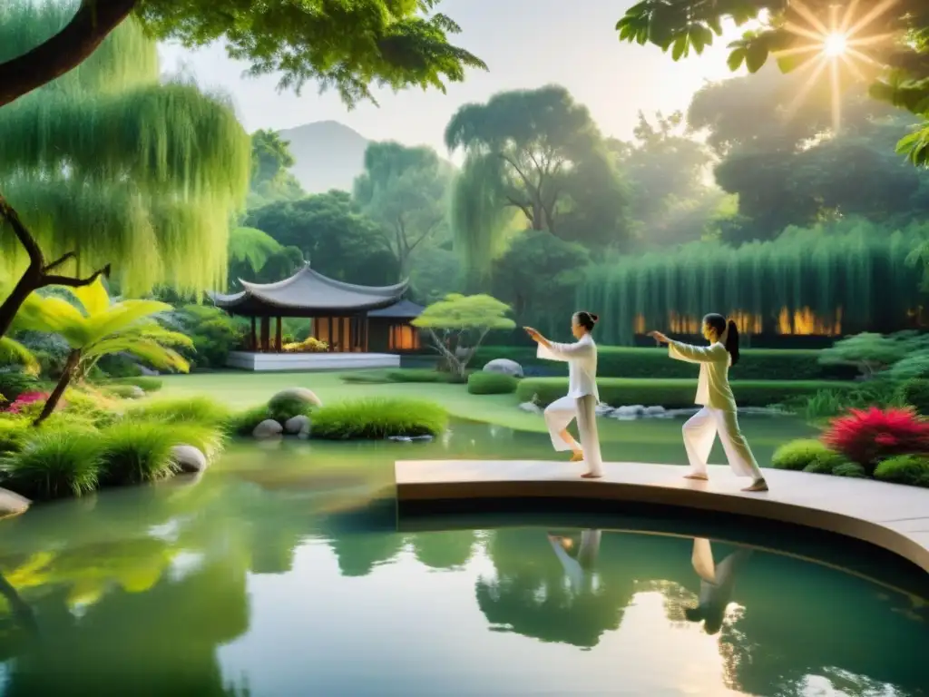 Personas practicando Qi Gong y Tai Chi en un jardín sereno, rodeadas de vegetación exuberante y agua tranquila, irradiando calma y enfoque