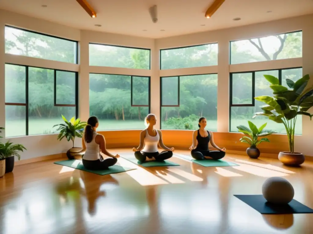 Personas practicando respiración profunda en un estudio de yoga luminoso y moderno, rodeado de plantas verdes