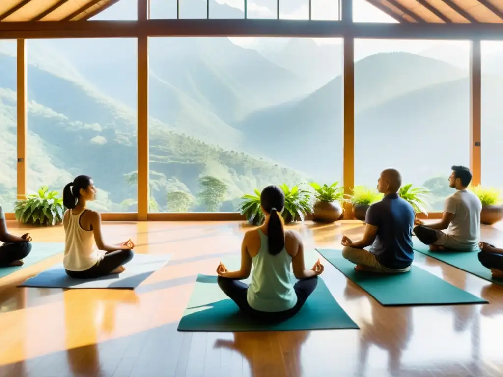 Personas meditando en un salón en Nepal, rodeado de naturaleza y montañas nevadas, practicando terapias de respiración