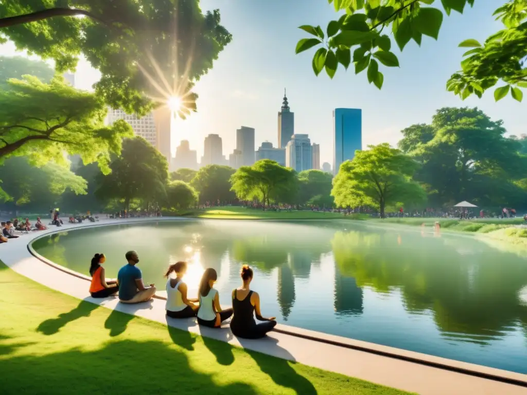 Personas practicando técnicas de respiración consciente para reducir el estrés en un parque urbano sereno, con un estanque y exuberante vegetación