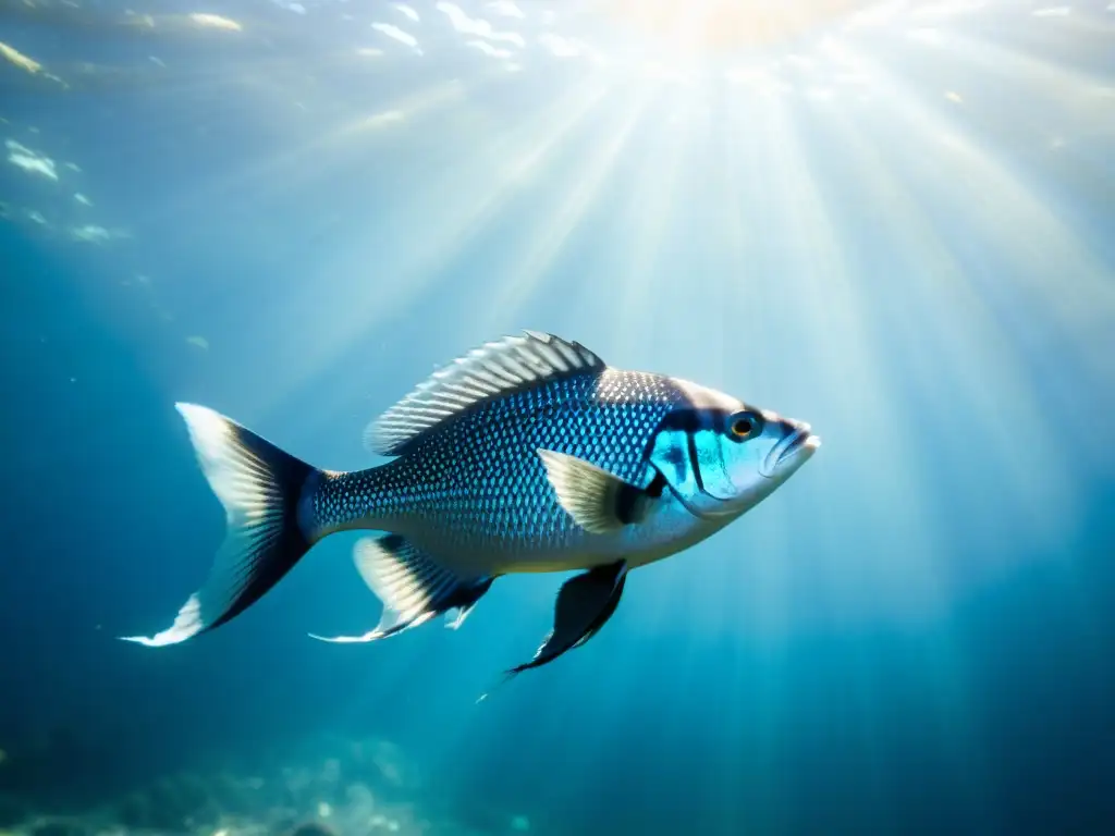 Un pez azul nadando en aguas cristalinas con rayos de sol filtrándose, creando un efecto visual deslumbrante