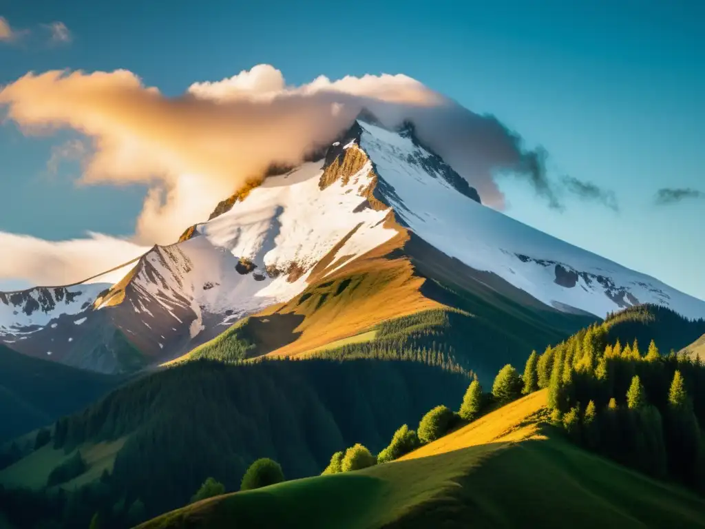 Un pico de montaña sereno rodeado de nubes con el sol poniéndose, beneficios salud respiratoria altitud, pura tranquilidad