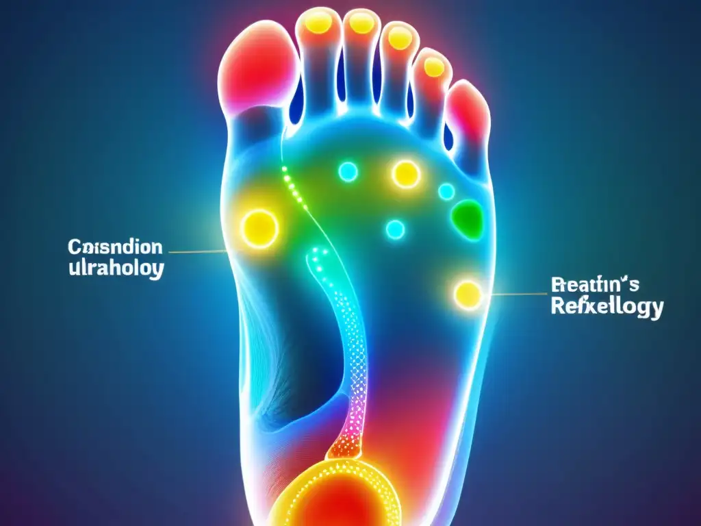 Un pie detallado con puntos de reflexología resaltados, conectando con la respiración consciente