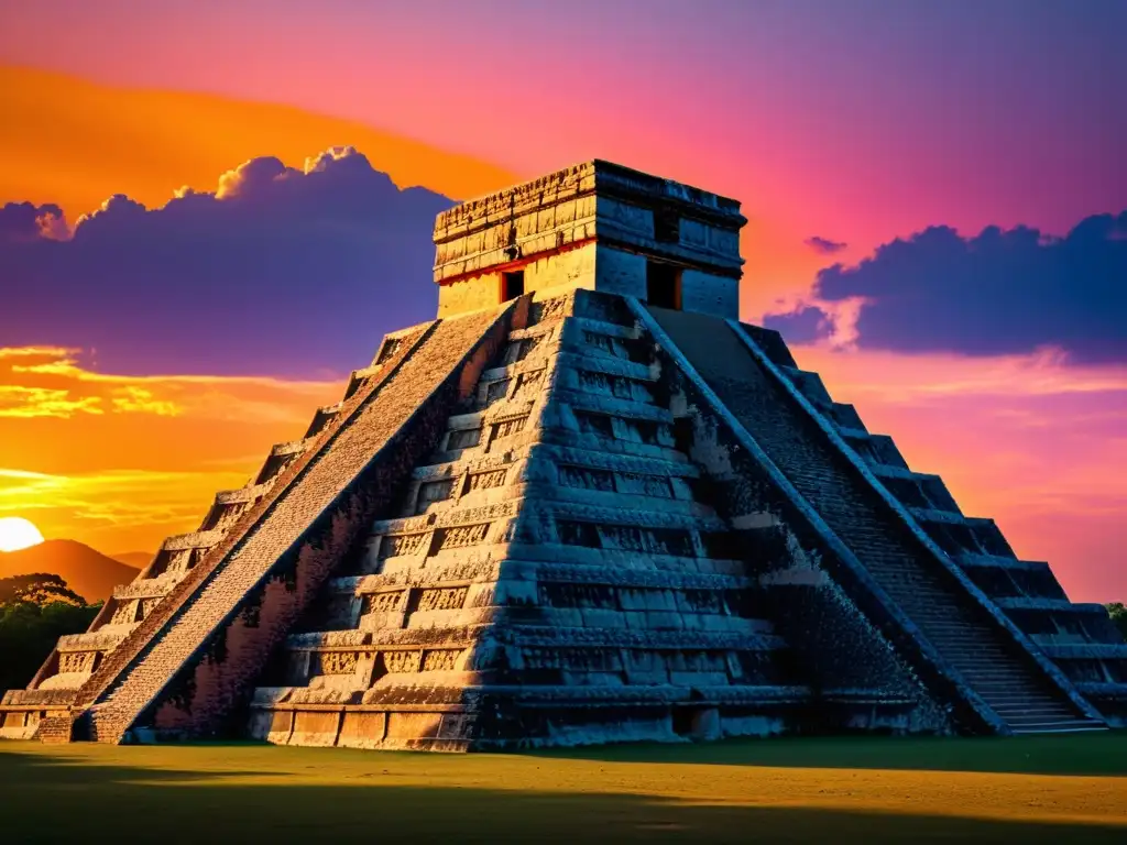 Una pirámide maya al atardecer, iluminada por el sol, con detalles intrincados