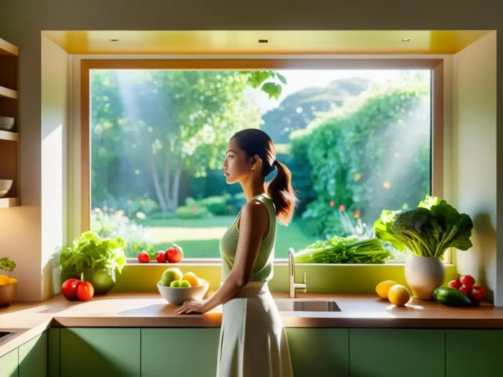 Cocina moderna con ventana panorámica y mujer relajada Un plan alimenticio para mejorar respiración: cocina moderna con ventana grande, frutas frescas, mujer relajada disfrutando del aire fresco