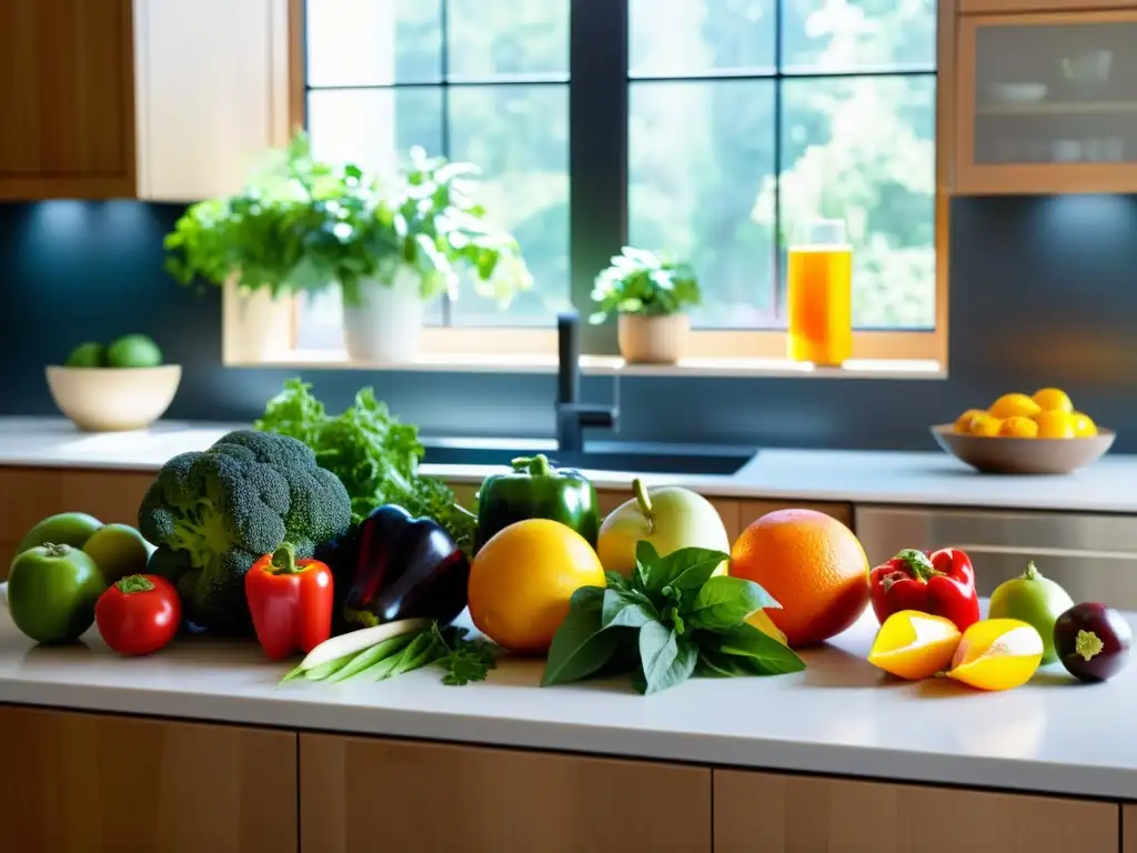 Variedad de frutas y verduras para fortalecer la salud respiratoria Un plan alimenticio para mejorar la respiración: variadas frutas y verduras frescas en una cocina moderna, bañadas por luz natural
