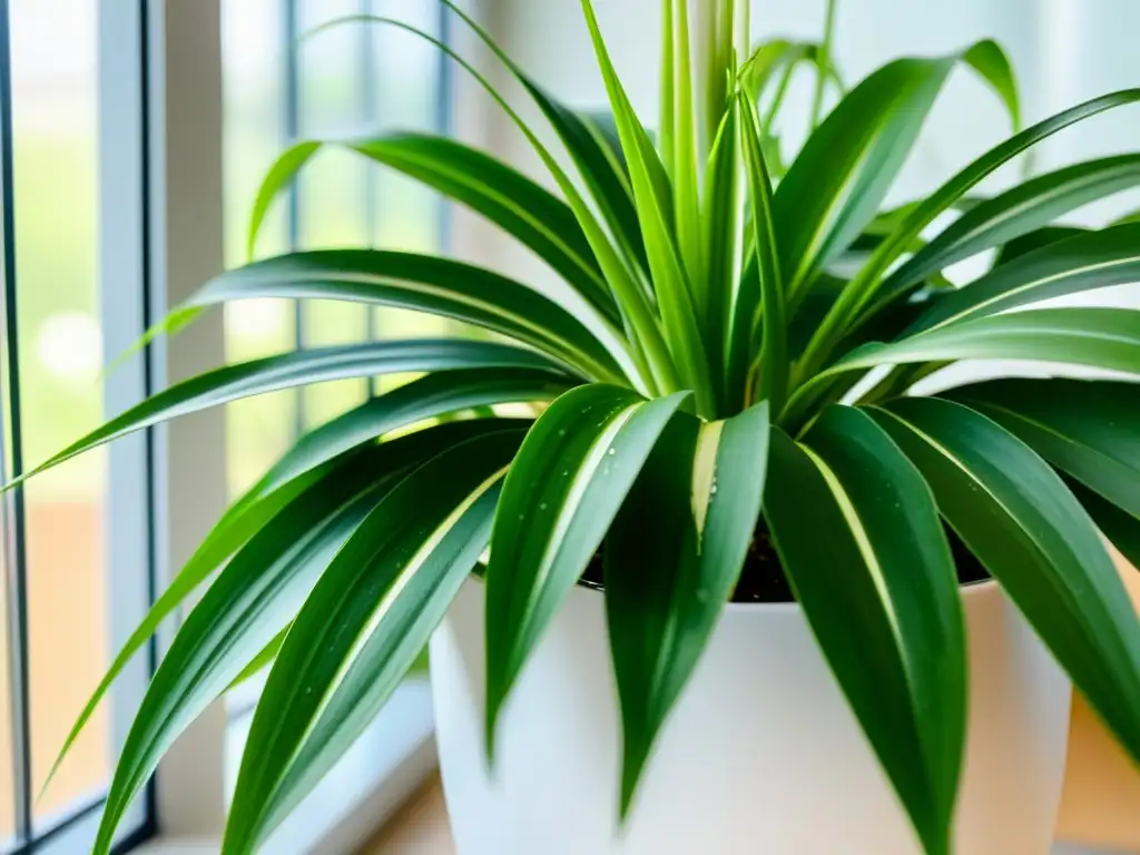 Una planta de araña exuberante y vibrante en una elegante maceta blanca, iluminada por la suave luz natural