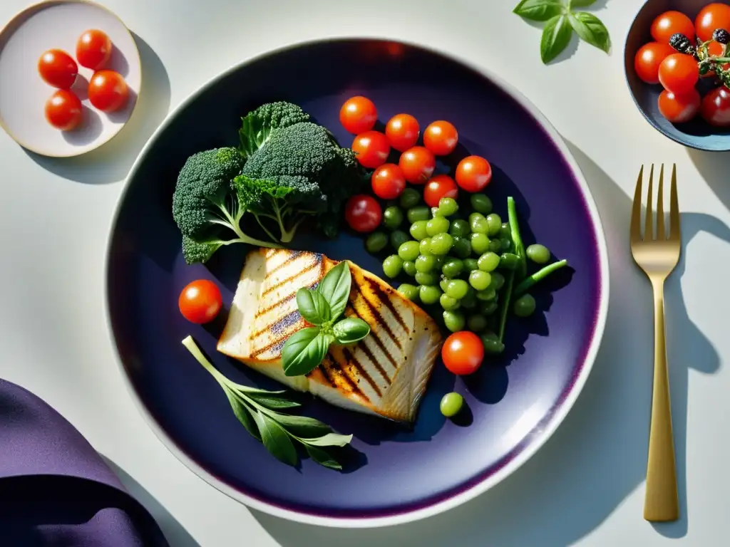 Un plato de alimentos para la salud pulmonar: vegetales verdes, tomates rojos, bayas moradas y pescado dorado, con una presentación vibrante y fresca