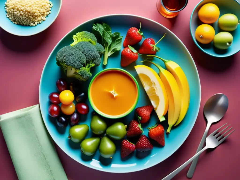 Un plato colorido repleto de frutas, verduras y proteínas magras, creando un equilibrio visual y nutricional