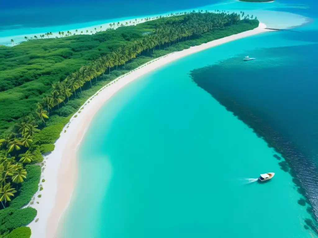 Playa paradisíaca con aguas turquesas, palmeras y botes