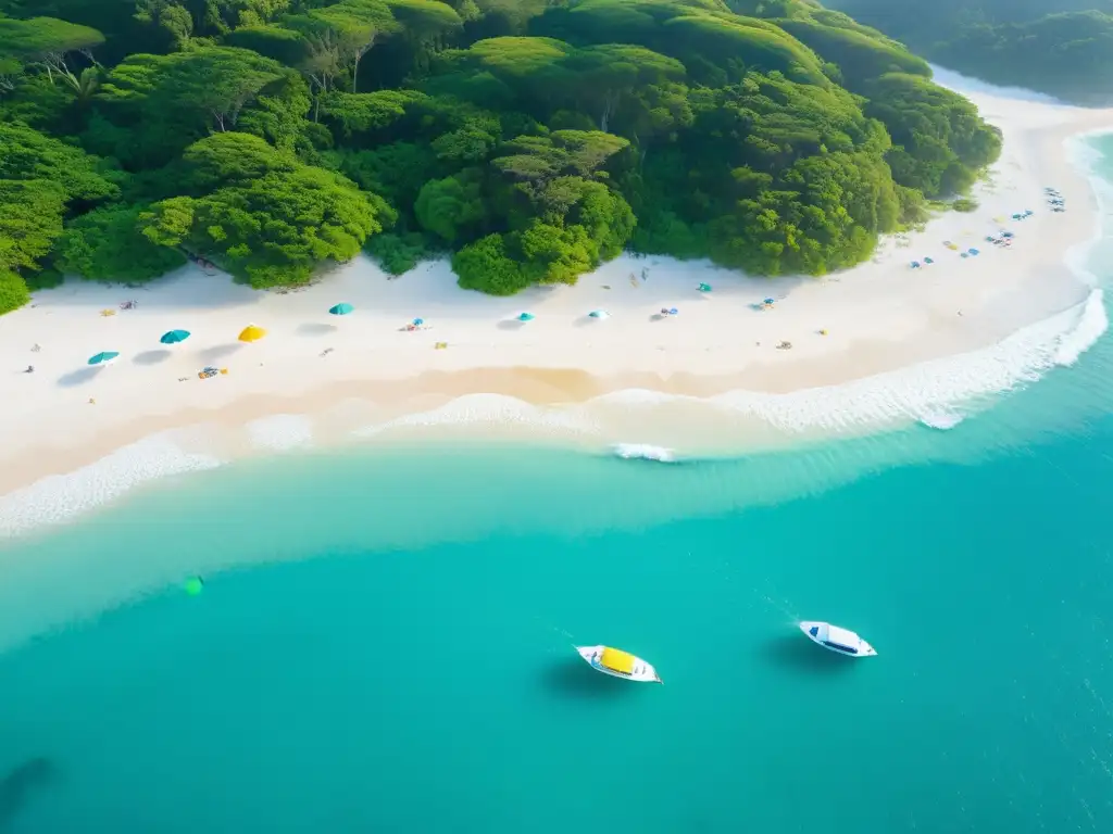 Playa paradisíaca con aguas turquesas, arena blanca y vegetación exuberante