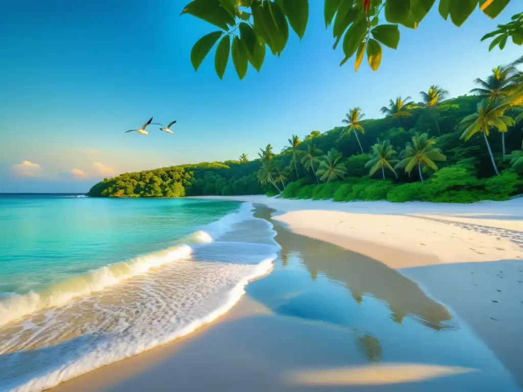 Playa prístina con aguas cristalinas, arena blanca y bosque verde