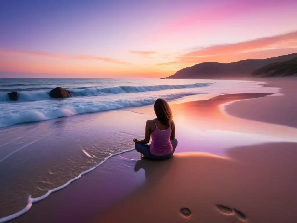 Una playa serena al atardecer, con olas suaves y una figura practicando respiración consciente