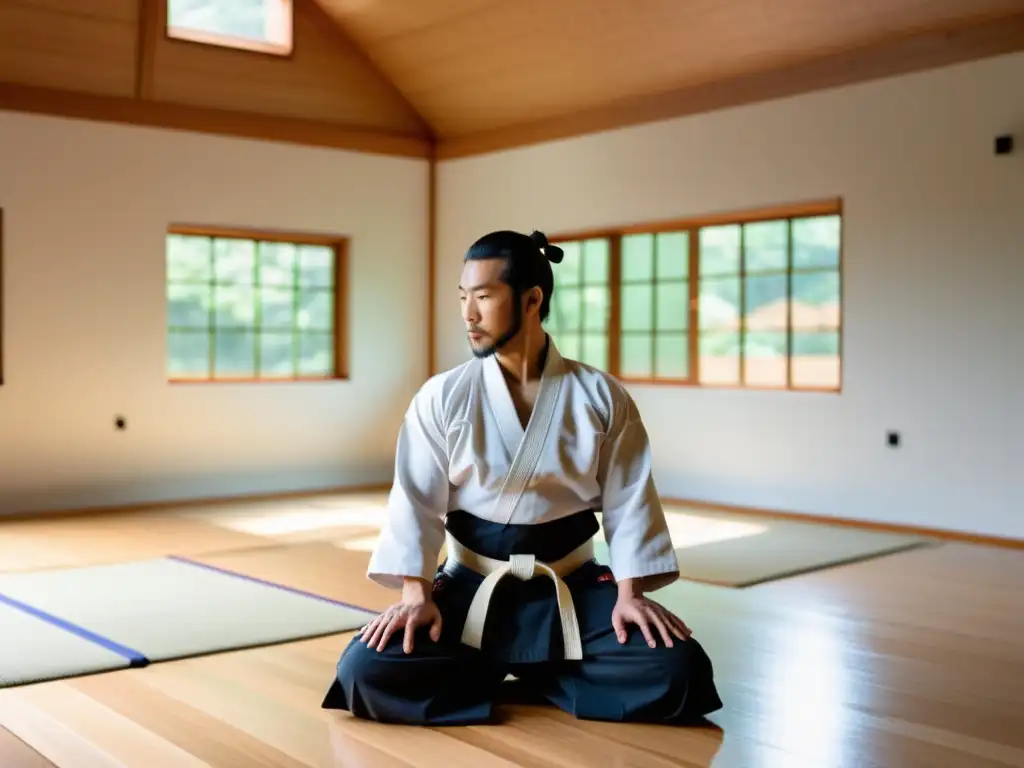 Un practicante de Aikido realiza un movimiento fluido en un dojo moderno y sereno, mostrando concentración y respiración consciente