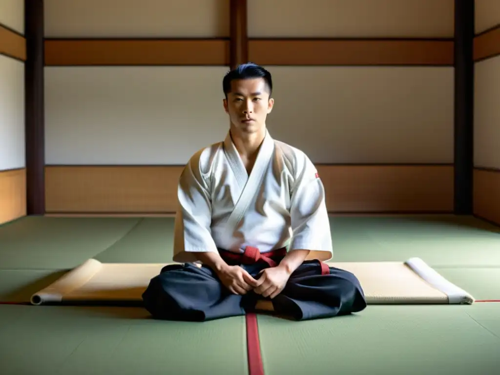 Un practicante de Aikido ejecuta una técnica perfecta con una expresión calmada y concentrada en un dojo sereno