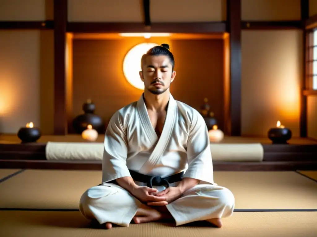 Practicante de artes marciales meditando en un dojo tranquilo, exudando paz interior y fuerza