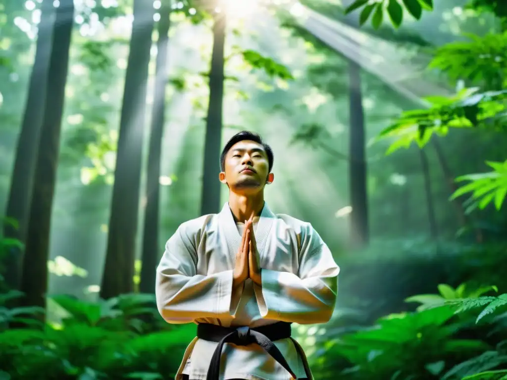 Practicante de artes marciales en meditación profunda en el bosque, irradiando una calma que inspira mejora del rendimiento con respiración