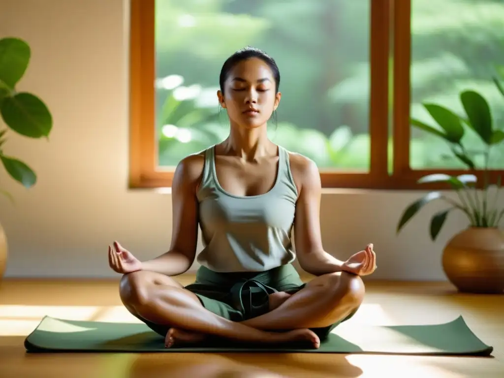 Practicante de artes marciales en meditación mejora del rendimiento con respiración en un estudio sereno y soleado