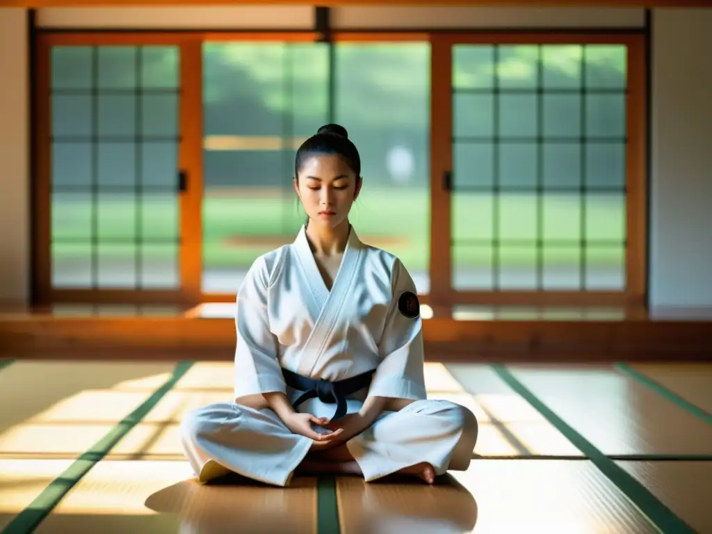 Practicante de artes marciales ejecuta un movimiento fluido, mostrando respiración consciente en un sereno dojo de Aikido y Judo