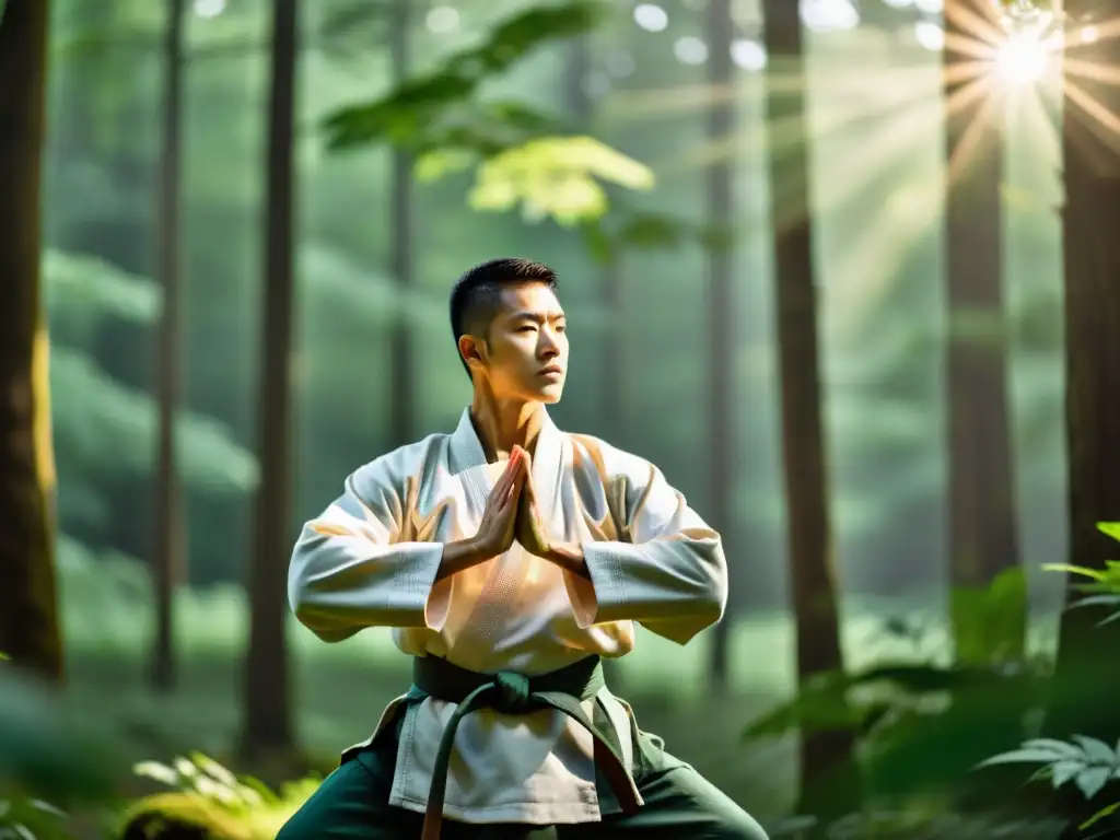 Un practicante de artes marciales realiza rutinas de respiración en un claro del bosque, irradiando tranquilidad y fuerza interior