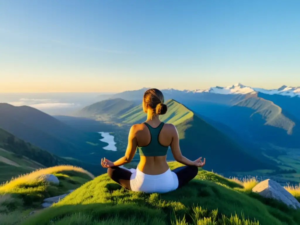 'Practicante de yoga disfrutando de los beneficios de la respiración consciente en un paisaje de montaña sereno y vibrante