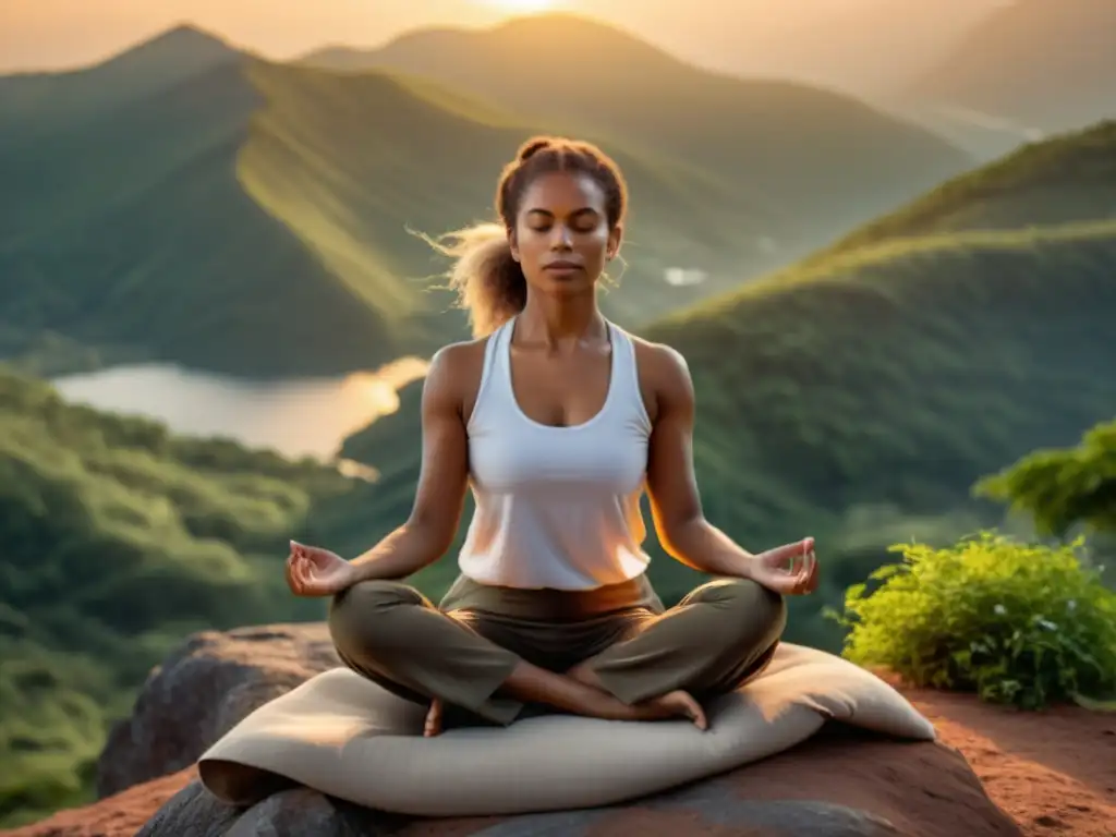 Practicante de yoga en la cima de la montaña al atardecer, en profunda meditación