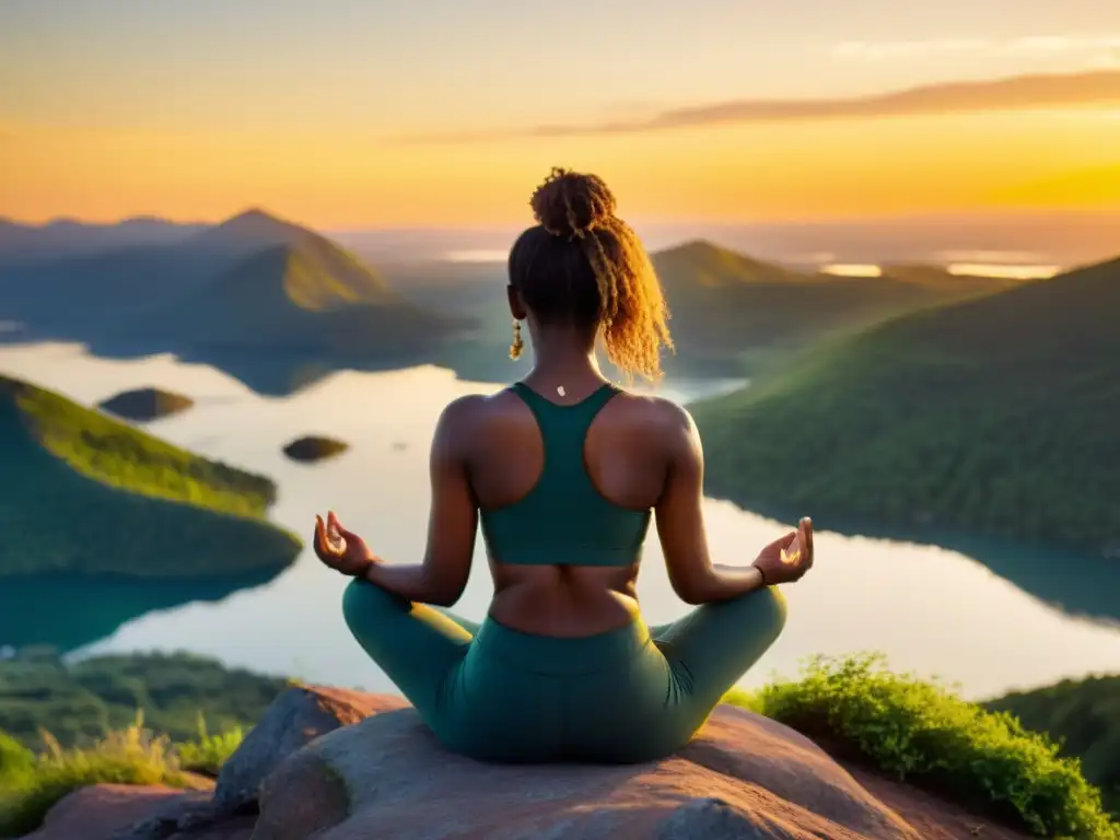 Practicante de yoga en la cima de la montaña disfrutando de los beneficios del pranayama en yoga al atardecer