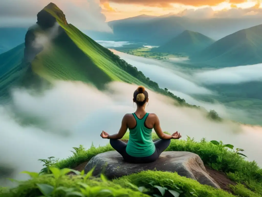 Practicante de yoga en la cima de la montaña, disfrutando de los beneficios de la respiración consciente en Pranayama