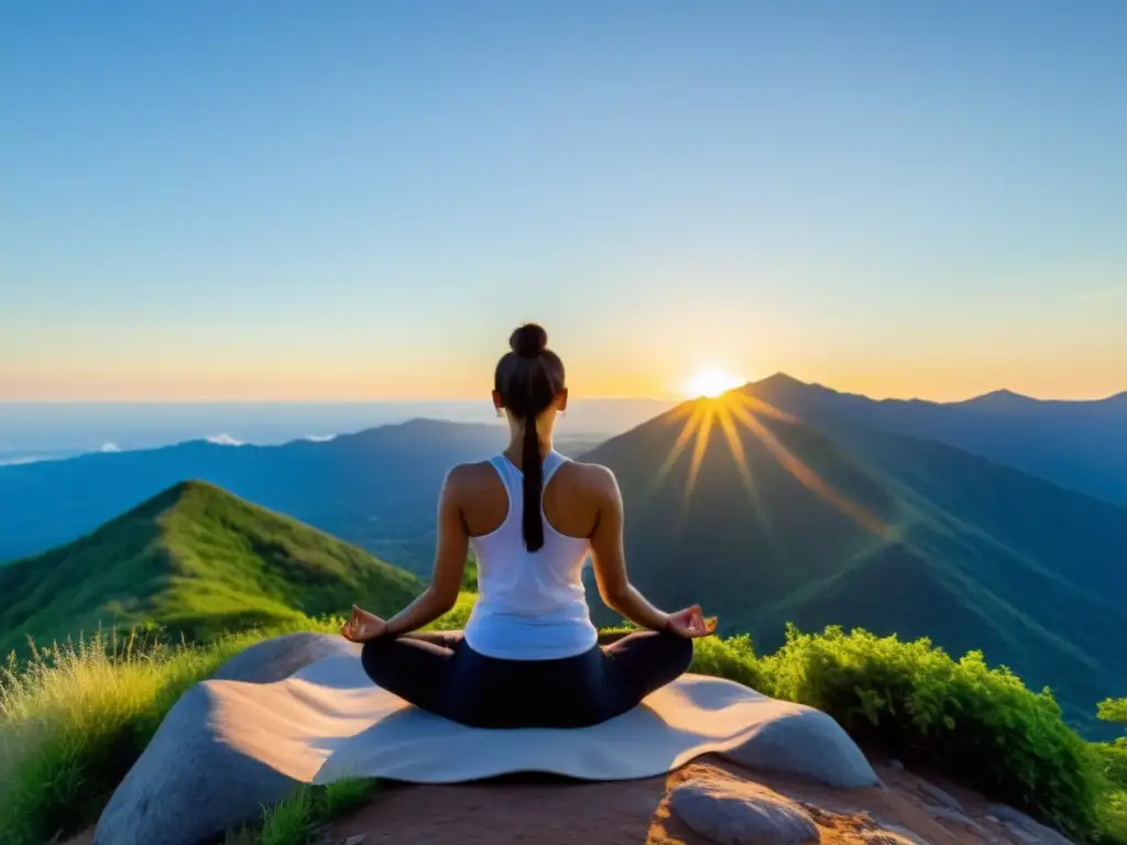 Practicante de yoga en la cima de una montaña, en armonía con la naturaleza